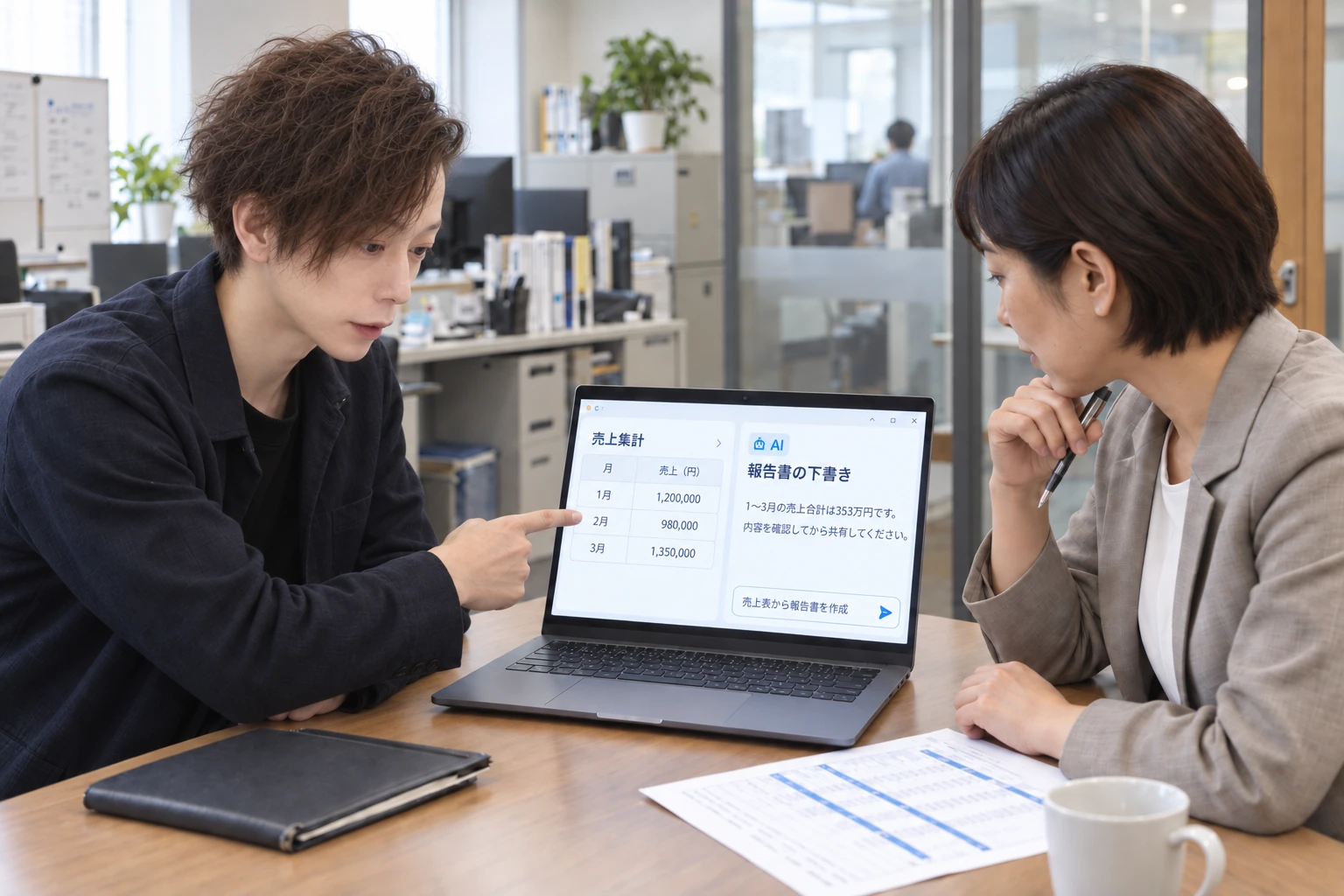 事業所で売上表からAIが作った報告書の下書きを、担当者と相談者が確認するAI生成のイメージ画像