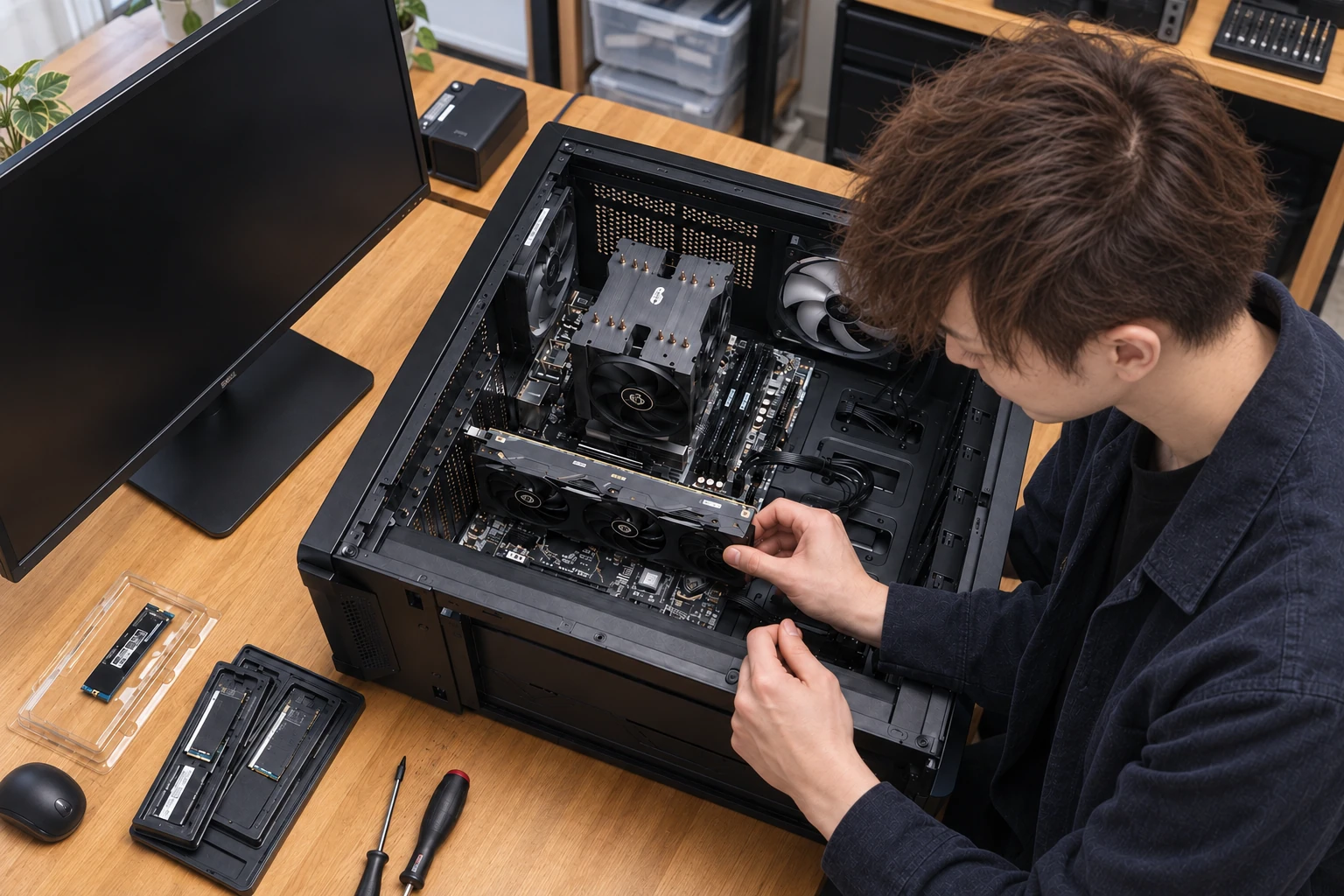 開いたデスクトップPCの内部で、グラフィックボードに手を添えて作業するAI生成の説明用画像