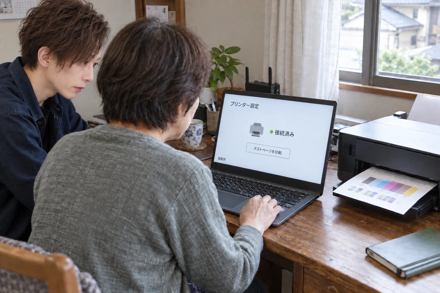 利用者と担当者がパソコンの接続を確認し、プリンターでテスト印刷するAI生成のイメージ画像