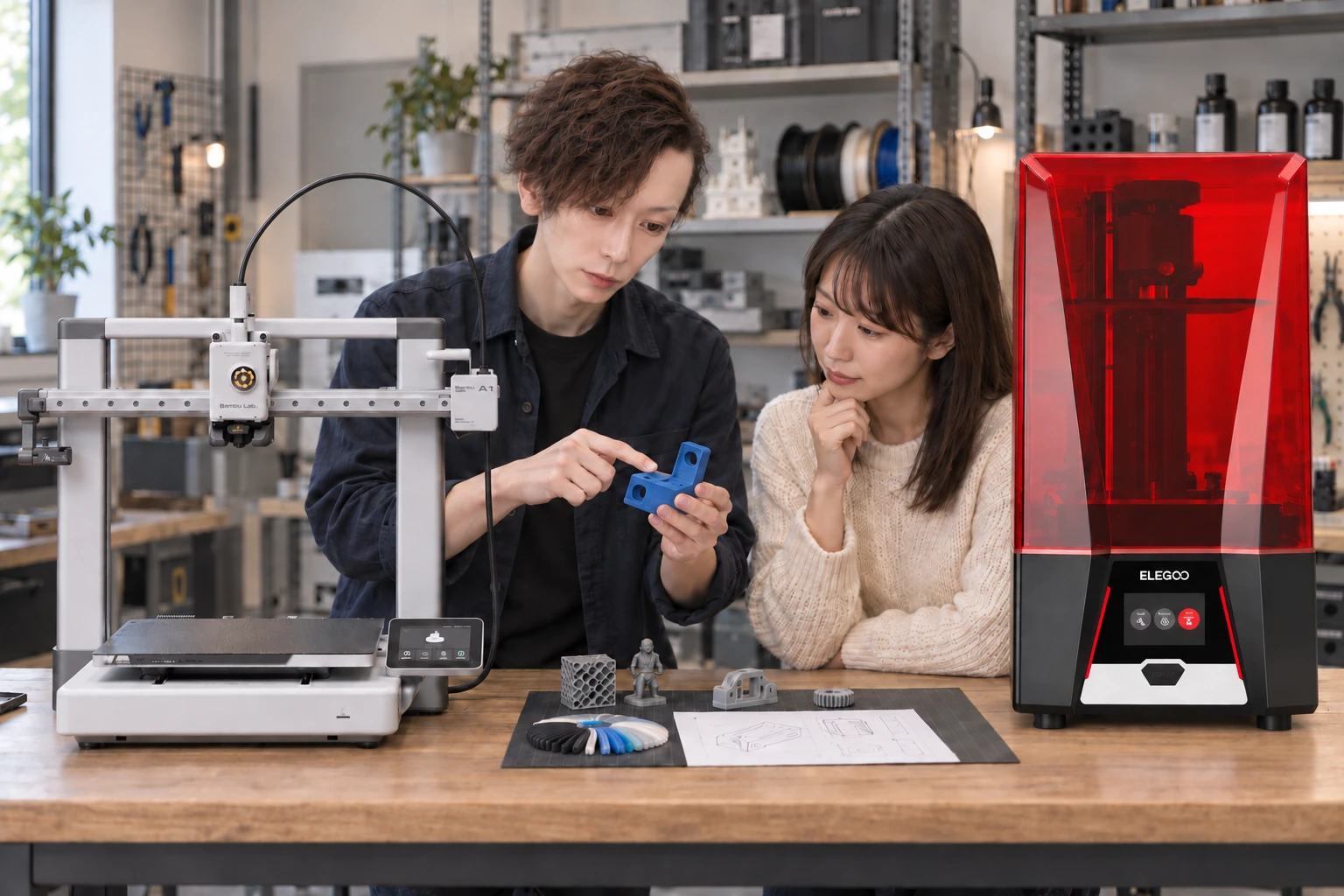Bambu Lab A1とELEGOO Saturn 2のある作業台で、担当者が相談者に造形品を説明するAI生成のイメージ画像